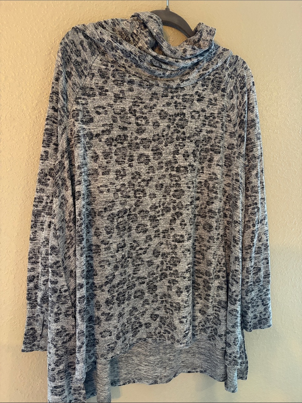 Lightweight Gray Leopard Print Cowl Neck Women’s Top